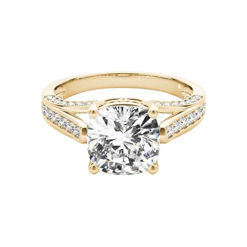 GIA 1,51ct Anello con diamanti a cuscino e nastro Pave per cattedrale in oro giallo