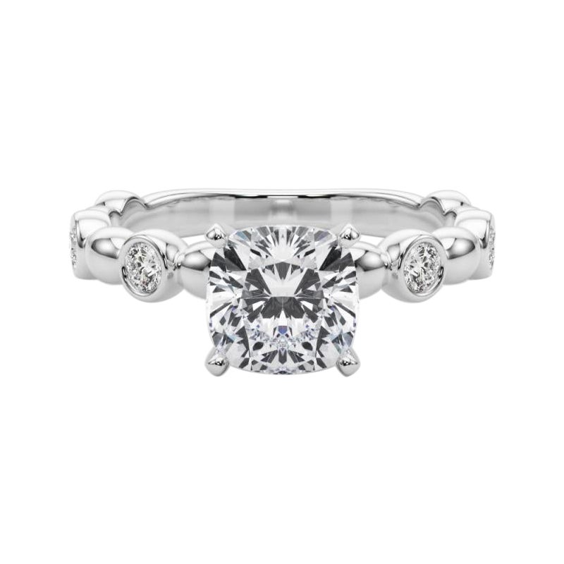 GIA 1.51ct Cushion Side Stone Bezel Band Solitaire White Gold Diamond Ring en vente