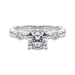 GIA 1.51ct Cushion Side Stone Bezel Band Solitaire White Gold Diamond Ring