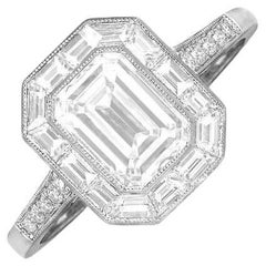 GIA 1.51ct Emerald Cut Diamond Engagement Ring, H Color, Diamond Halo, Platinum
