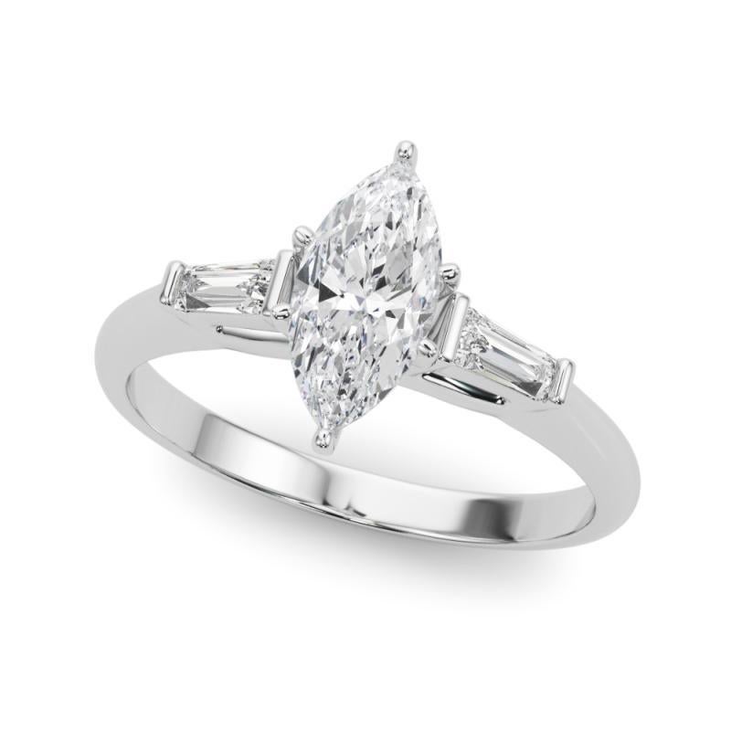 Taglio marquise GIA 1,51ct Marquise Three-Stone Tapered Baguette Anello di diamanti in oro bianco 18K in vendita