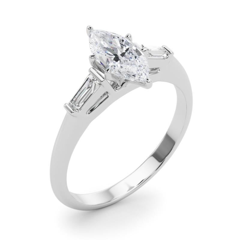 Donna GIA 1,51ct Marquise Three-Stone Tapered Baguette Anello di diamanti in oro bianco 18K in vendita