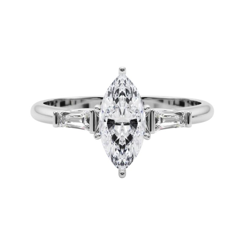 GIA 1,51ct Marquise Three-Stone Tapered Baguette Anello di diamanti in oro bianco 18K in vendita