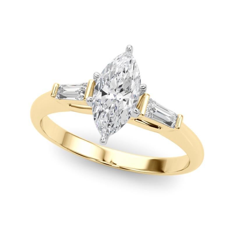 Taglio marquise GIA 1,51ct Anello con diamante Marquise a tre pietre e Baguette affusolata in oro giallo 18K in vendita