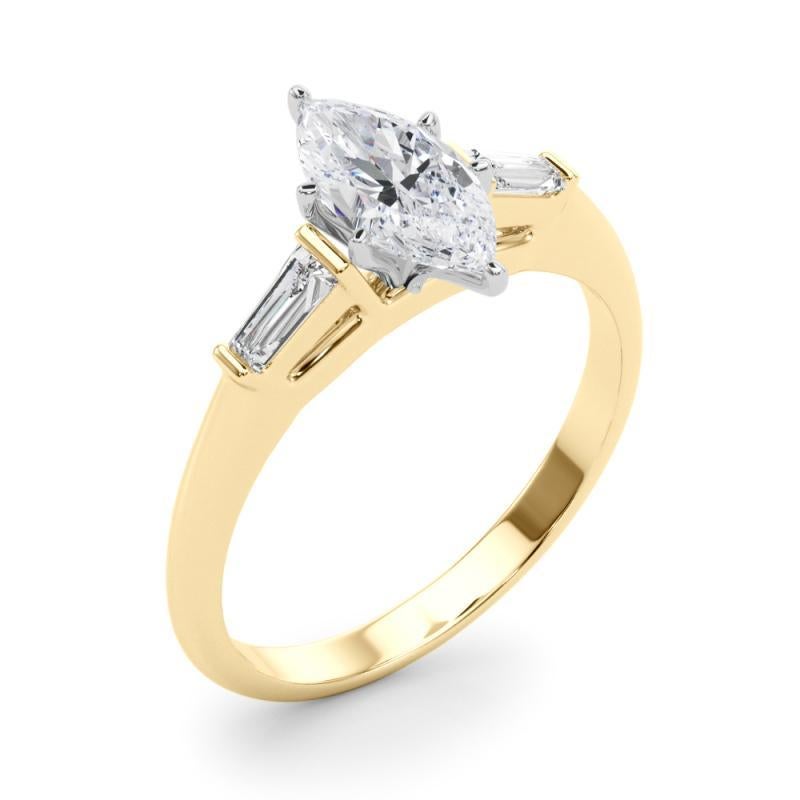 Donna GIA 1,51ct Anello con diamante Marquise a tre pietre e Baguette affusolata in oro giallo 18K in vendita