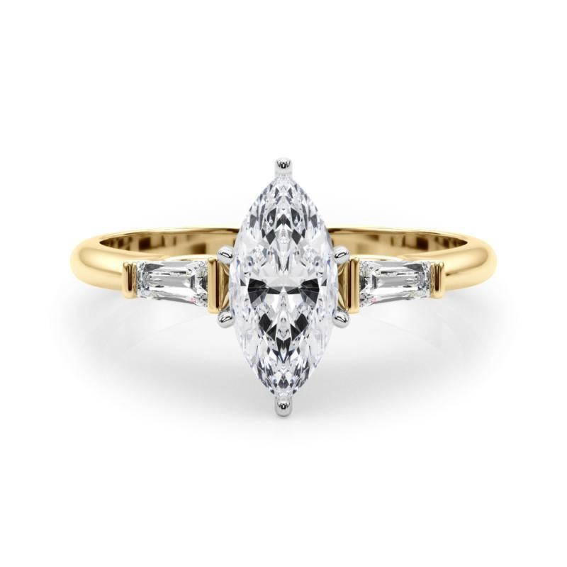 GIA 1.51ct Marquise Three-Stone Tapered Baguette 18K Yellow Gold Diamond Ring