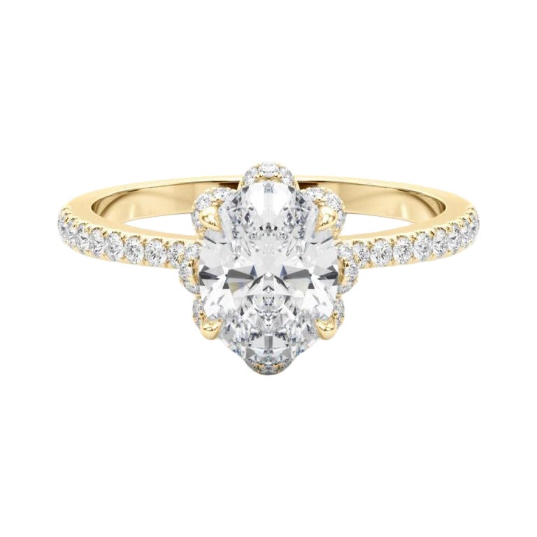 GIA 1.51ct Anello ovale con diamanti d'epoca in oro giallo con fiore multipetalo