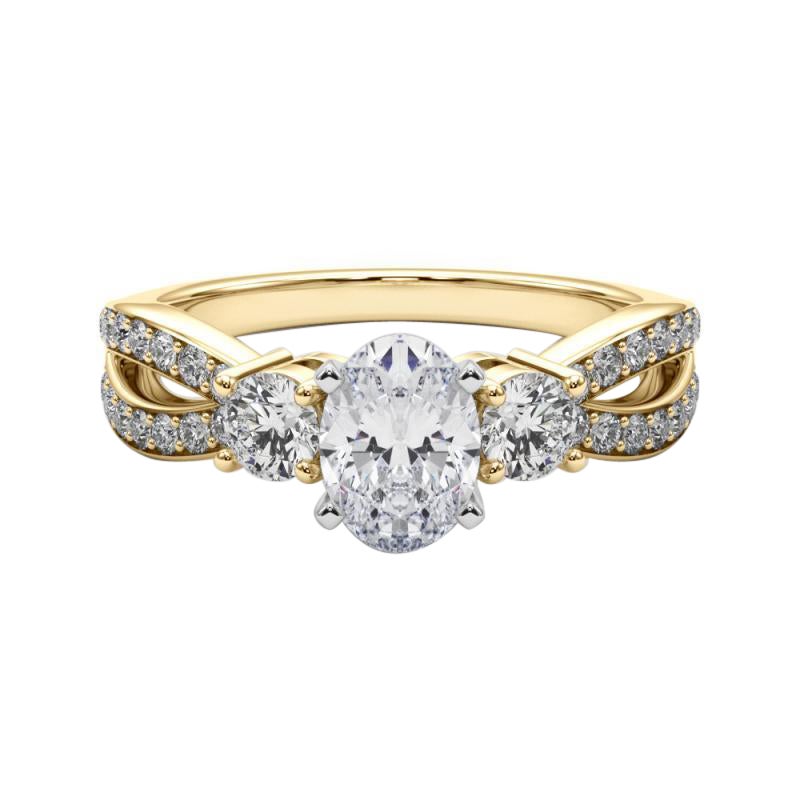 GIA 1.51ct Oval Three-Stone Split Shank Pave 18K Yellow Gold Diamond Ring (bague à trois pierres ovales pavées en or jaune 18K)
