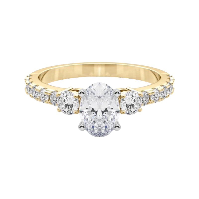 GIA Anillo de diamantes de oro amarillo de 18 quilates con tres piedras ovaladas y vástago de diamante de 1,51 quilates