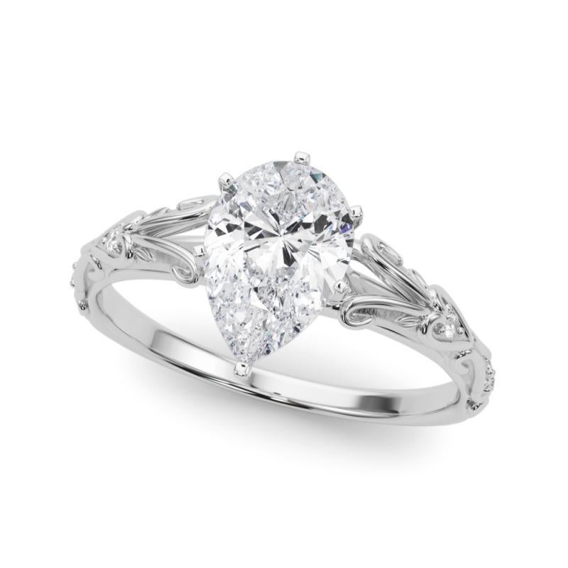 Taille poire GIA 1.51ct Pear Vintage 3-Stone Heart & Vine 18K White Gold Diamond Ring en vente