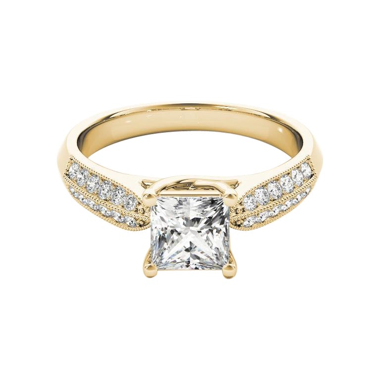 GIA Bague en or jaune diamant 1.51ct Princesse entrelacé Trellis Pave & Solitaire