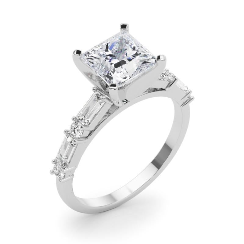 GIA 1.51ct Princess Round & Baguette Channel Band Bague diamant en or blanc 18K Pour femmes en vente
