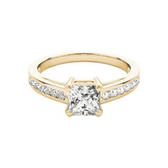 GIA 1.51ct Principessa a fila singola incastonata a canale Anello con diamanti in oro giallo Cathedral