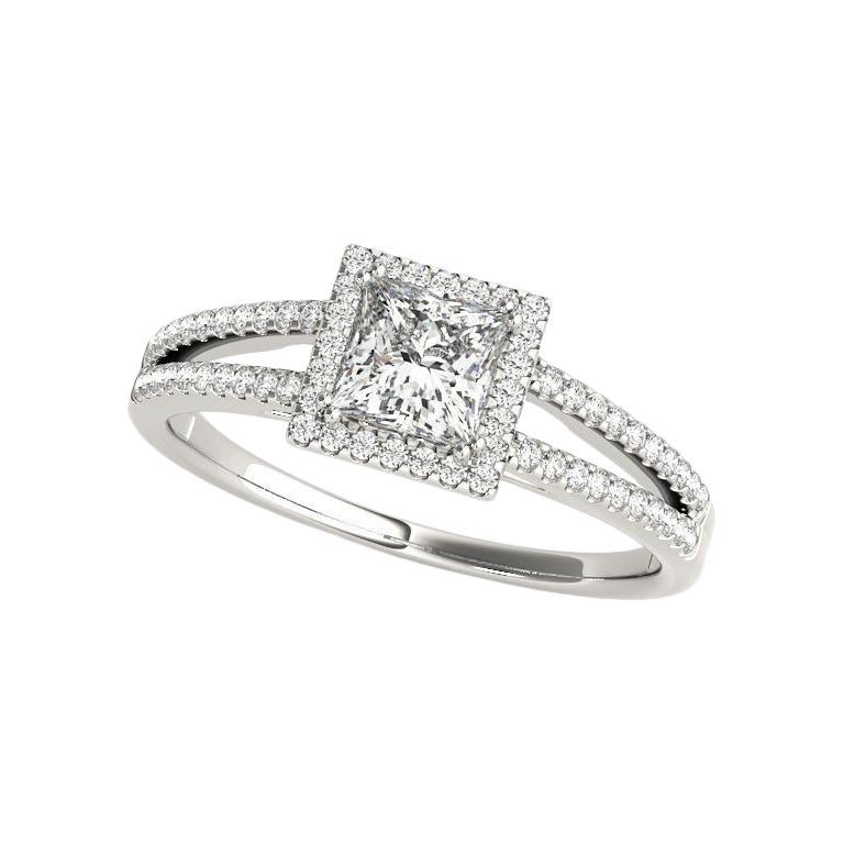 GIA 1,51ct Anello di diamanti con gambo aureolato quadrato e spaccato con spalla Pave in vendita