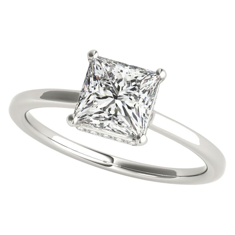 GIA 1,51ct Anello di diamanti a forma di principessa quadrata nascosta con fascia sottile in oro bianco 18 carati