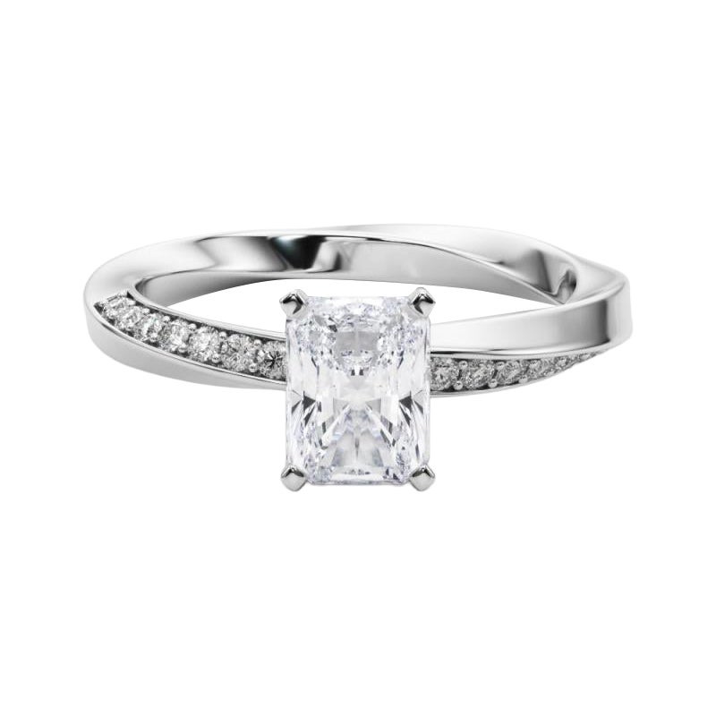 GIA 1.51ct Radiant Solitaire Twisted Square Band Bague diamant en or blanc 18K