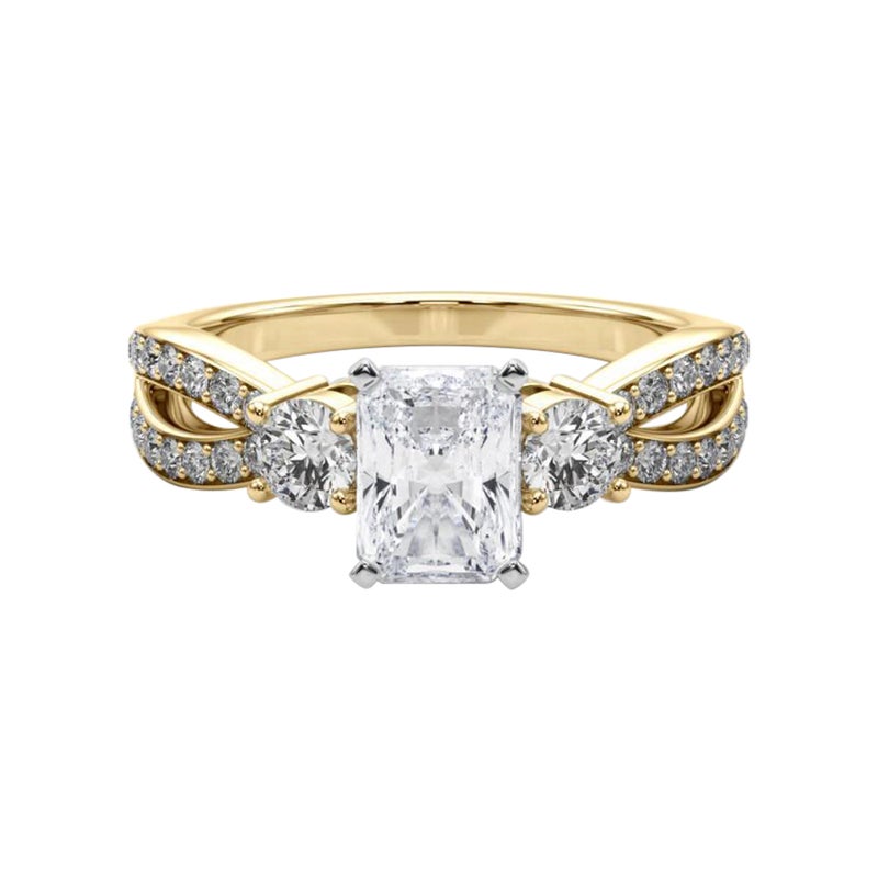 GIA 1.51ct Radiant Three-Stone Split Shank Pave 18K Yellow Gold Diamond Ring (bague à diamant en or jaune 18K)