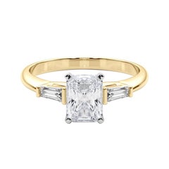 GIA 1.51ct Radiant Three-Stone Tapered Baguette 18K Yellow Gold Diamond Ring