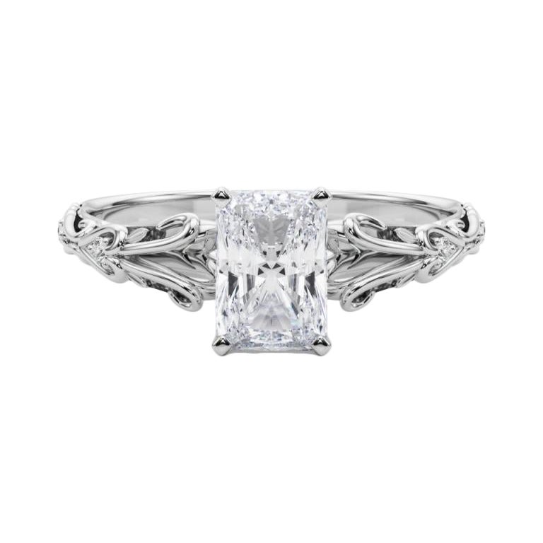 GIA 1,51ct Radiant Vintage 3-Stone Heart & Vine Anello di diamanti in oro bianco 18K