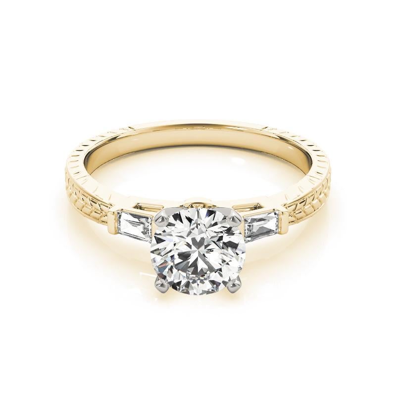 GIA 1.51ct Round Engraved Three-Stone Baguette 18K Yellow Gold Diamond Ring
