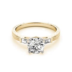 GIA 1.51ct Round Engraved Three-Stone Baguette 18K Yellow Gold Diamond Ring