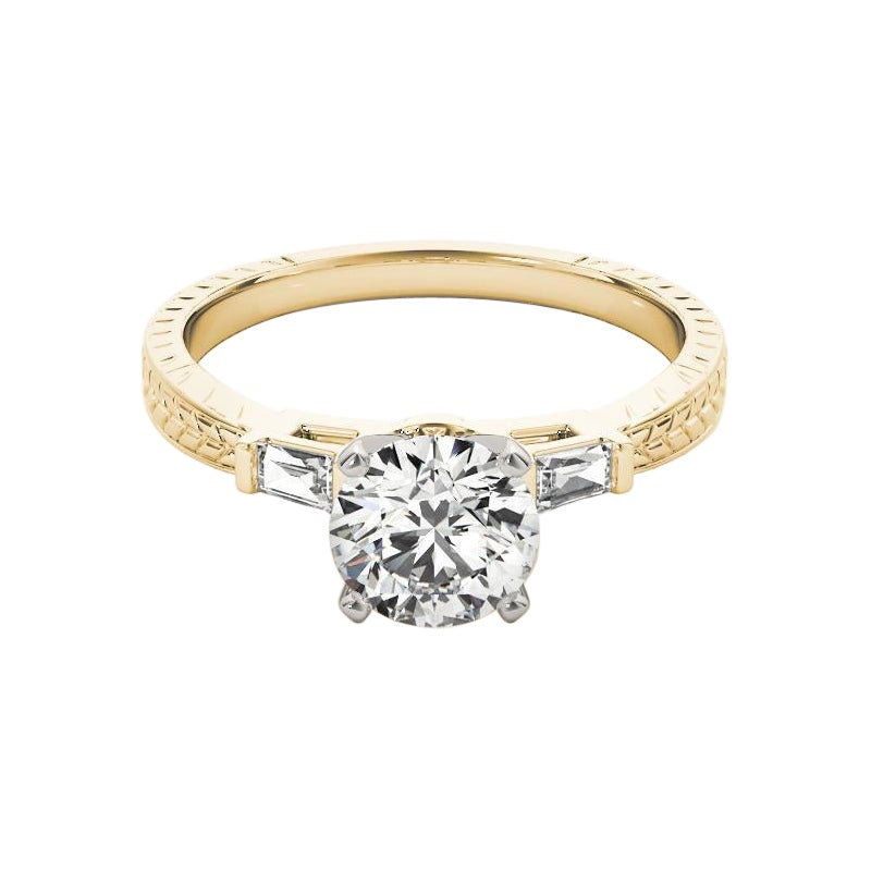 GIA 1.51ct Round Engraved Three-Stone Baguette 18K Yellow Gold Diamond Ring (bague à diamant en or jaune de 1,51ct)