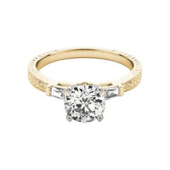 GIA 1.51ct Round Engraved Three-Stone Baguette 18K Yellow Gold Diamond Ring (bague à diamant en or jaune de 1,51ct)