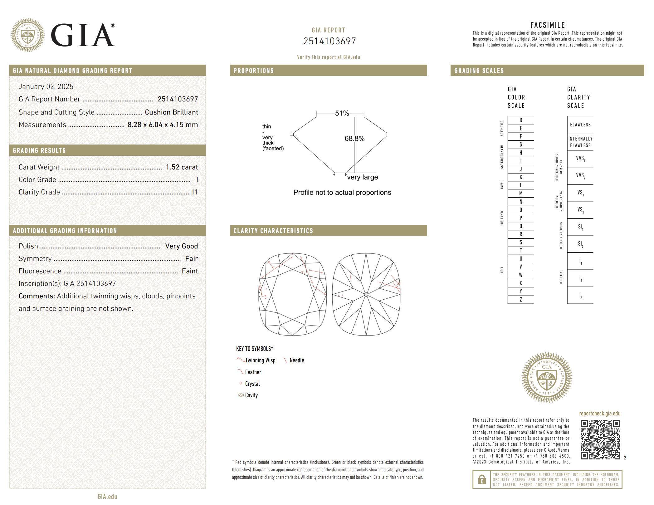 Bague de fiançailles en platine avec un diamant coussin de 1,52 carat de taille brillante GIA en vente 1