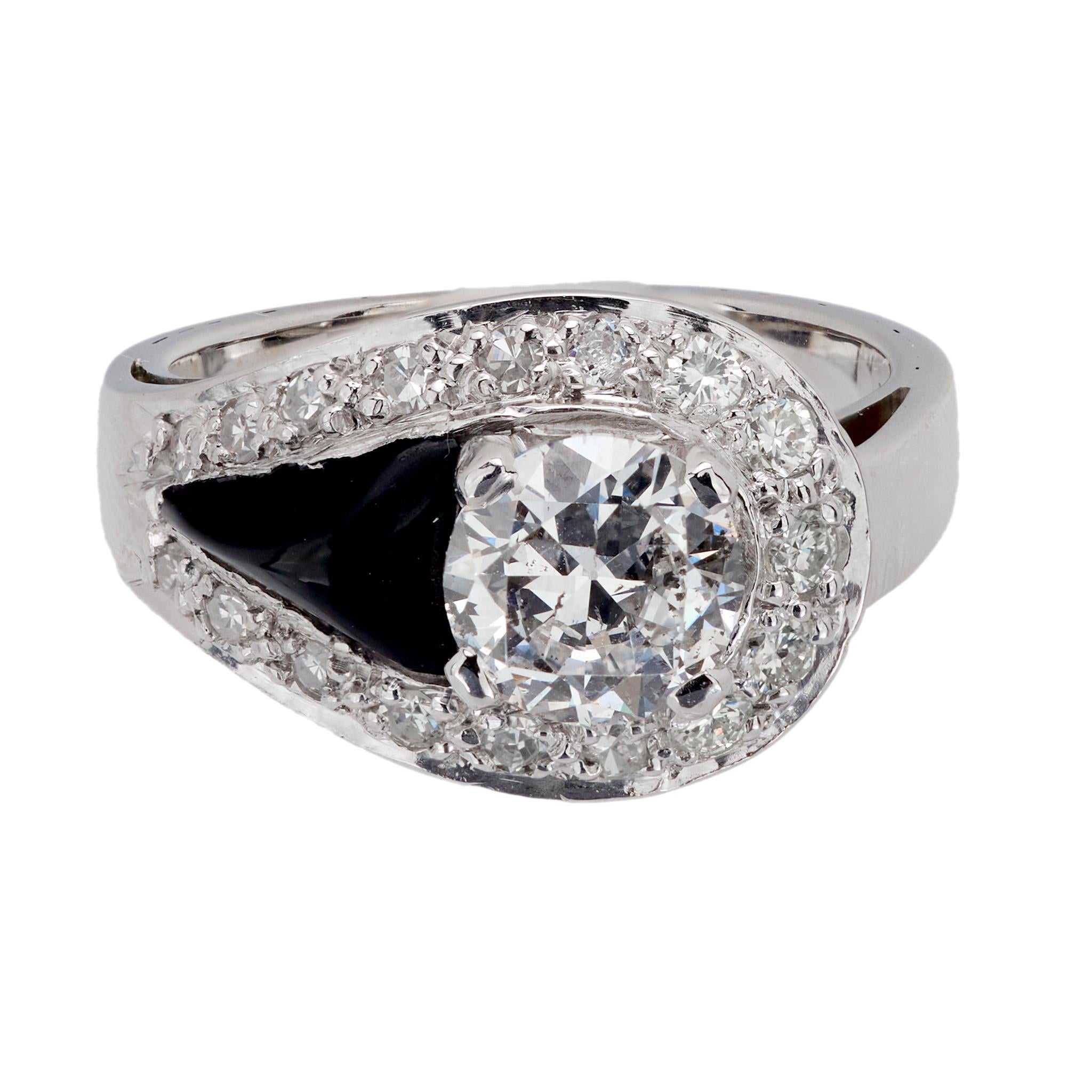 Old European Cut GIA 1.52 carat old European cut diamond onyx platinum ring