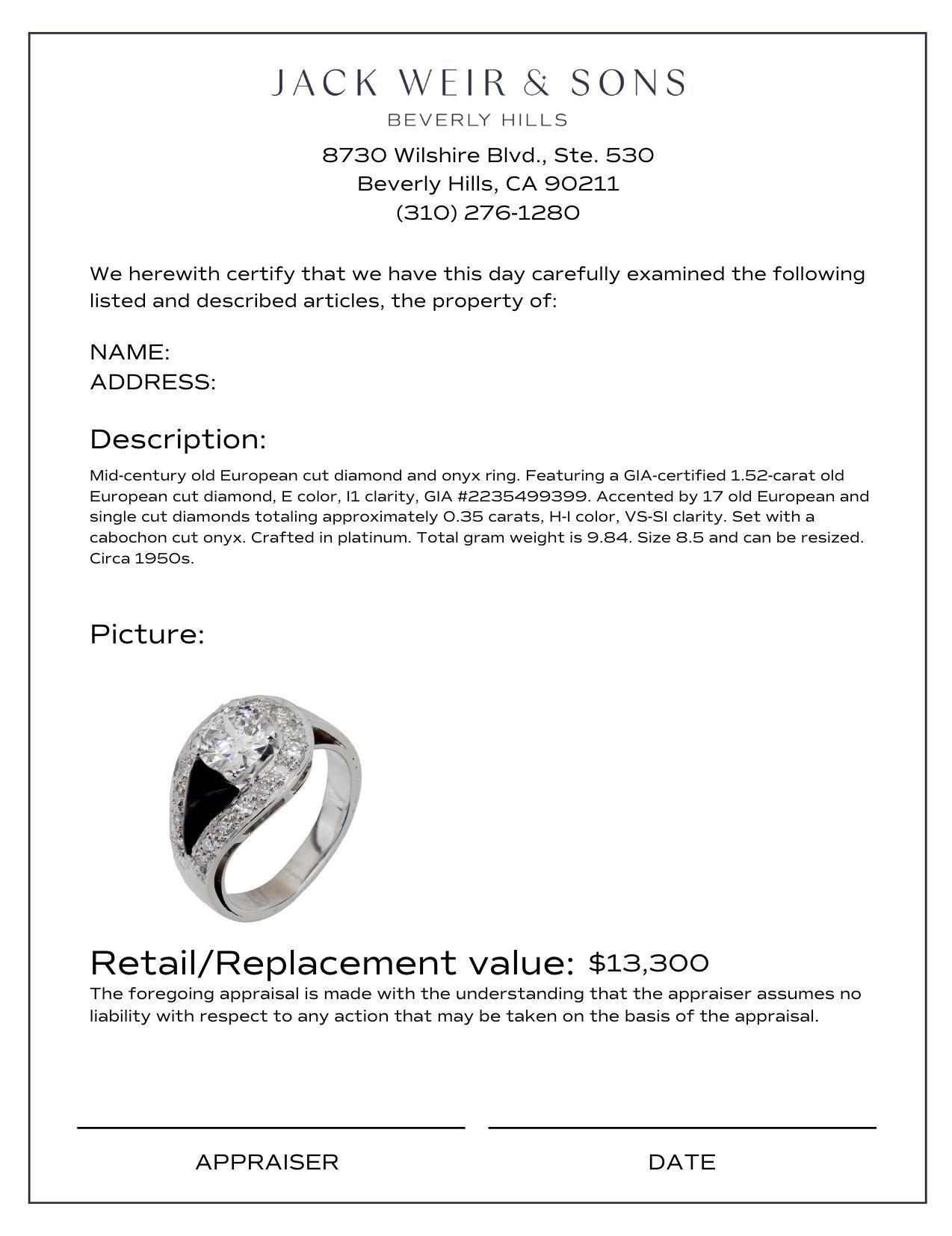 Women's or Men's GIA 1.52 carat old European cut diamond onyx platinum ring