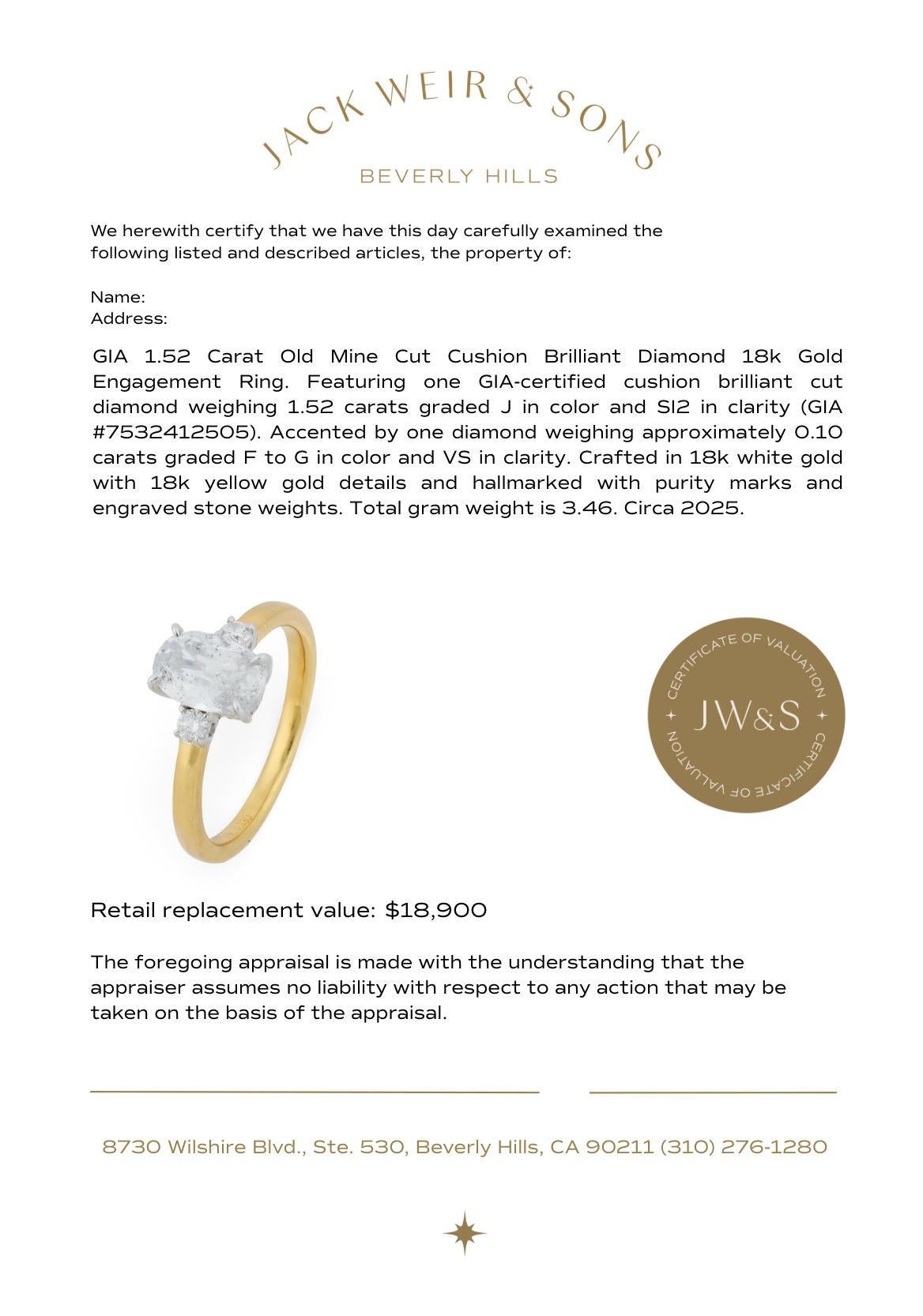 Bague de fiançailles en or 18k GIA 1,52 carat diamant taille mine ancienne en vente 1