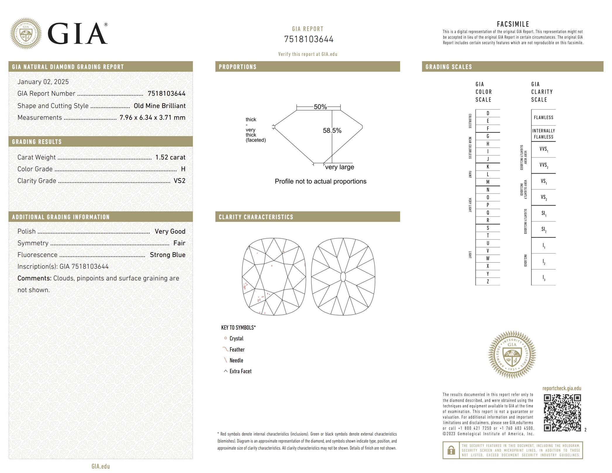 Bague de fiançailles en or blanc 18k GIA 1,52 carat diamant taille mine ancienne en vente 1