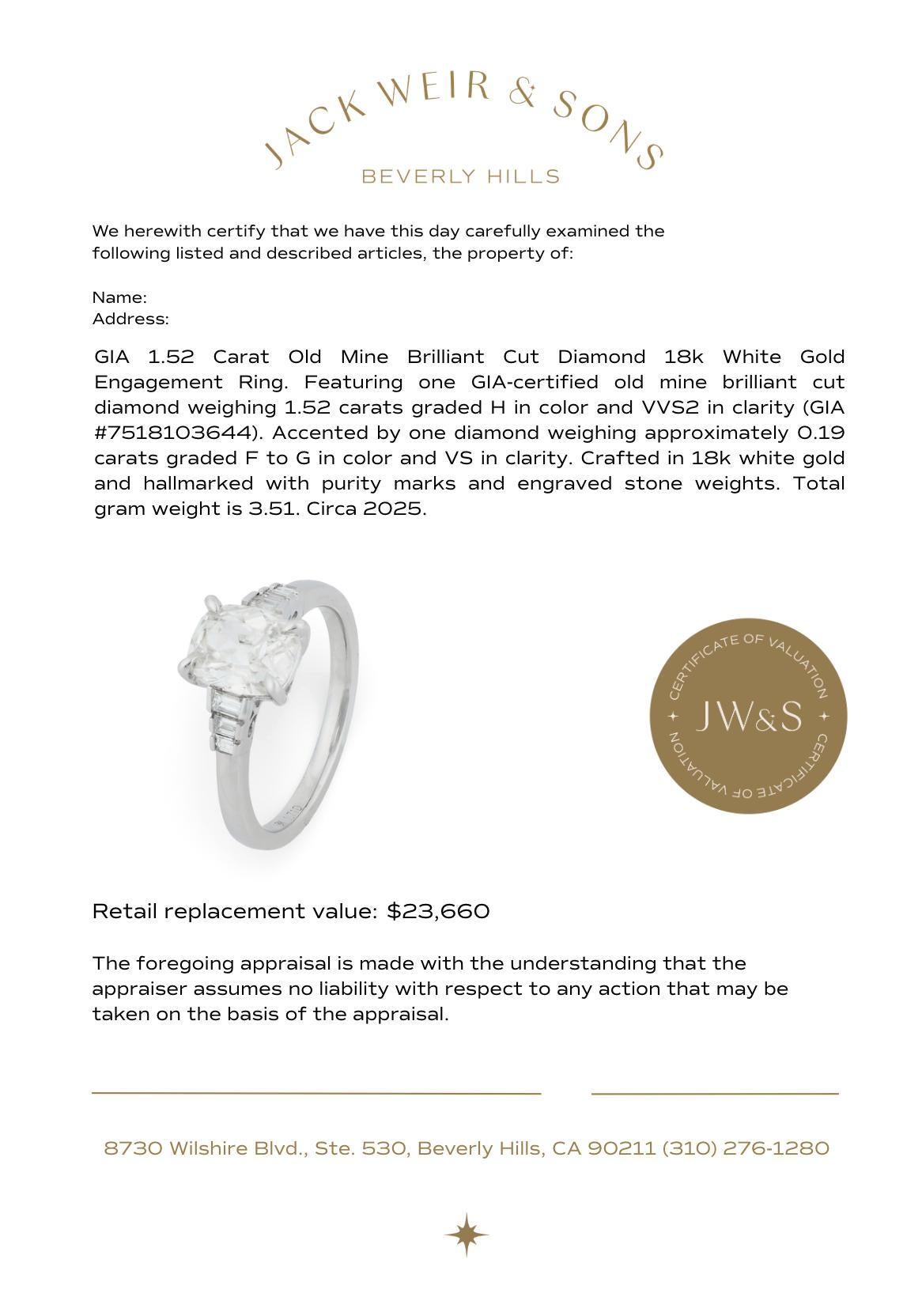 Bague de fiançailles en or blanc 18k GIA 1,52 carat diamant taille mine ancienne en vente 2