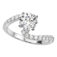 GIA 1.52 Carat Round Curved Bypass Pave Shank 18K White Gold Diamond Ring