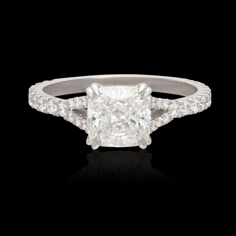 Own the best. This platinum ring centers a 1.52-carats square cushion diamond, graded F color and Internally Flawless clarity by Gemological Institute of America, on a split shank set with round brilliant-cut diamonds, for a total diamond weight of