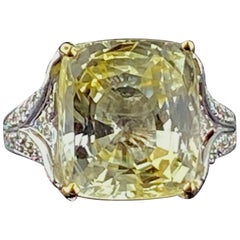 Gia 15.22 Carat Yellow Sapphire and Diamond Ring in 18 Karat White Gold