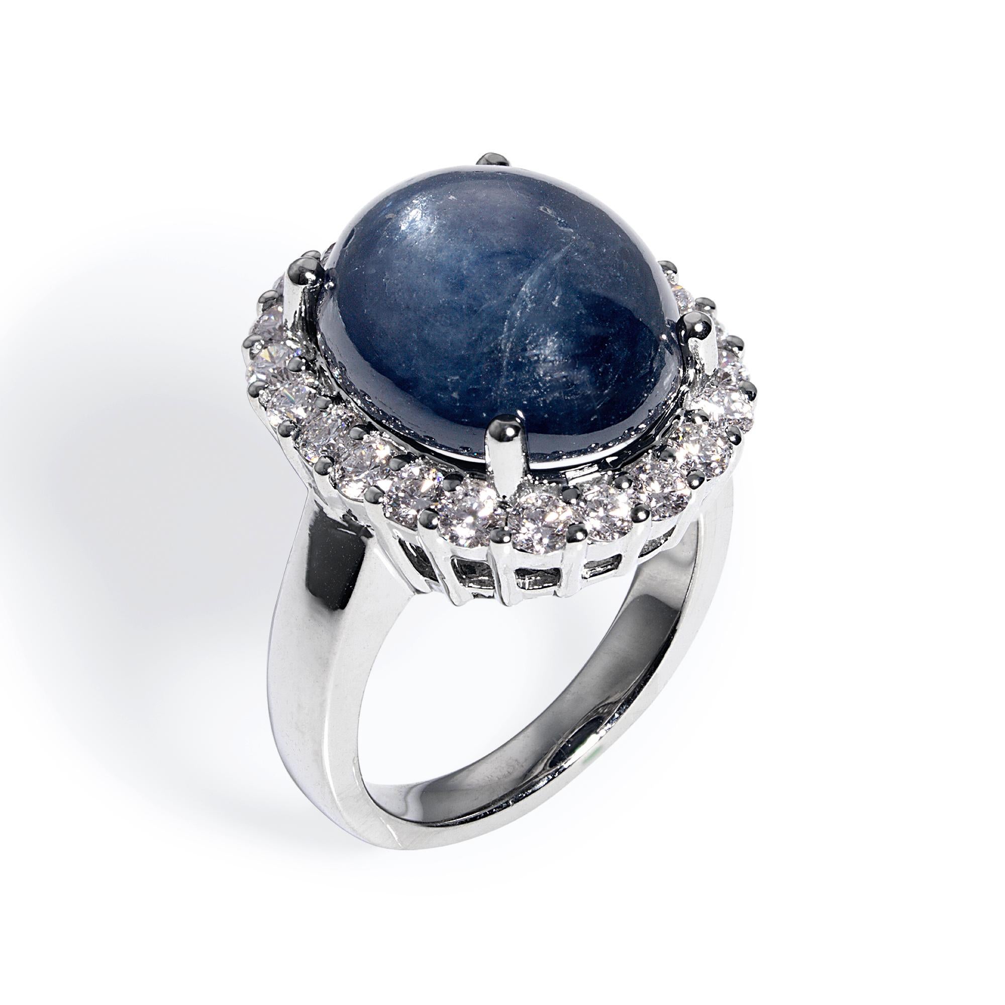 GIA 15.27 Carat Estate Blue Cabochon Sapphire Diamonds Cluster 14 Karat Ring 8