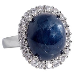GIA 15.27 Carat Estate Blue Cabochon Sapphire Diamonds Cluster 14 Karat Ring