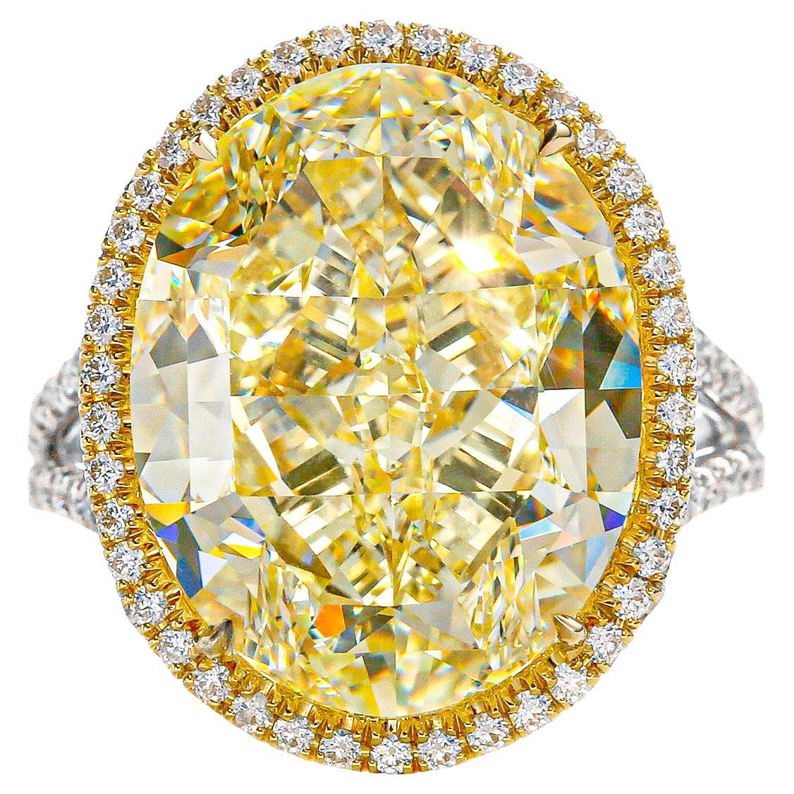 GIA Bague en platine et or 18 carats avec diamant ovale de 15,29 carats de couleur jaune fantaisie VS1