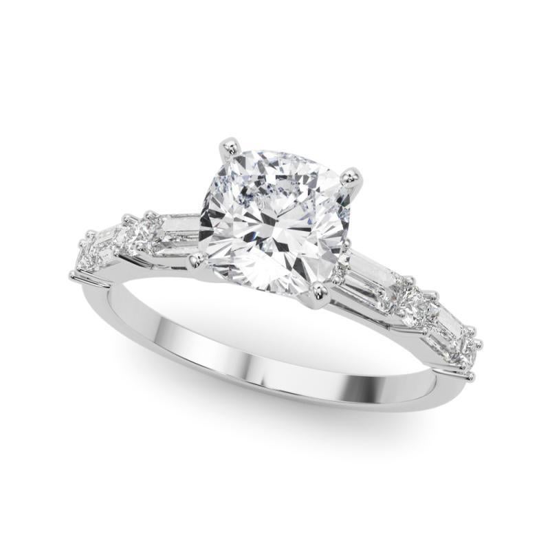 Cushion Cut GIA 1.52ct Cushion Round & Baguette Channel Band 18K White Gold Diamond Ring For Sale