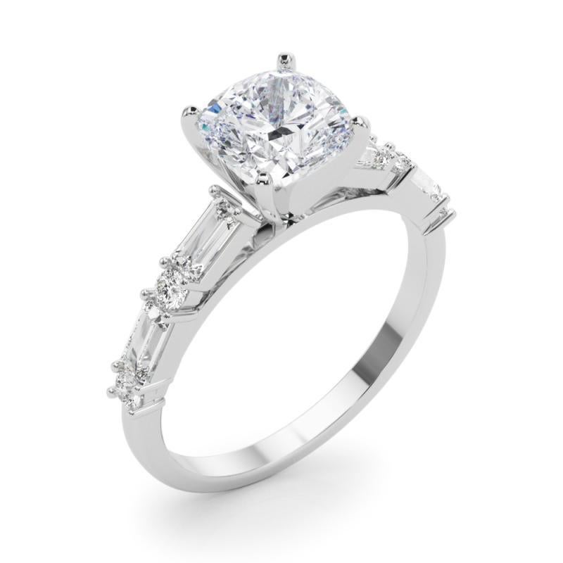 Women's GIA 1.52ct Cushion Round & Baguette Channel Band 18K White Gold Diamond Ring For Sale
