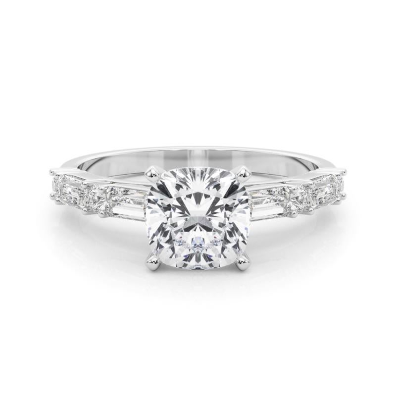 GIA 1.52ct Cushion Round & Baguette Channel Band 18K White Gold Diamond Ring