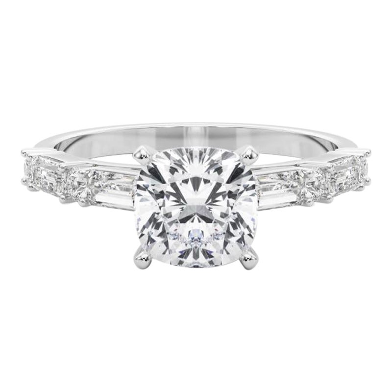 GIA 1.52ct Cushion Round & Baguette Channel Band Bague diamant en or blanc 18K