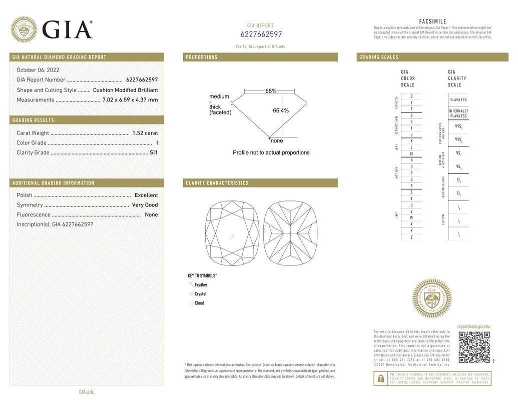 Contemporary GIA 1.52ct Cushion Slim Band Prong Set Solitaire 18K Yellow Gold Diamond Ring For Sale