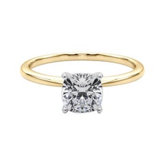 GIA 1.52ct Cushion Slim Band Prong Set Solitaire 18K Yellow Gold Diamond Ring