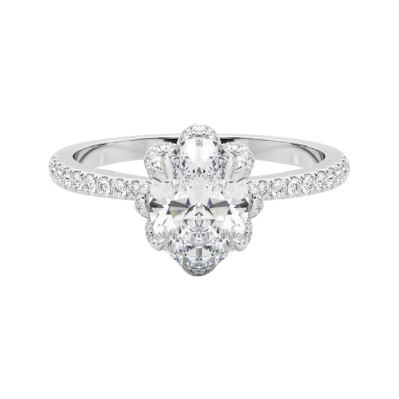 GIA 1.52ct Anello ovale di diamanti d'epoca con fiore multipetalo