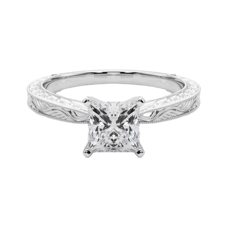 GIA 1,52ct Anello con diamante classico principessa solitario inciso antico