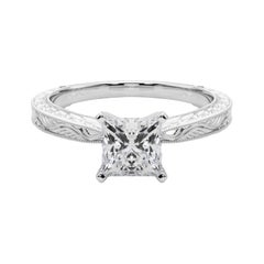 GIA 1,52ct Anello con diamante classico principessa solitario inciso antico