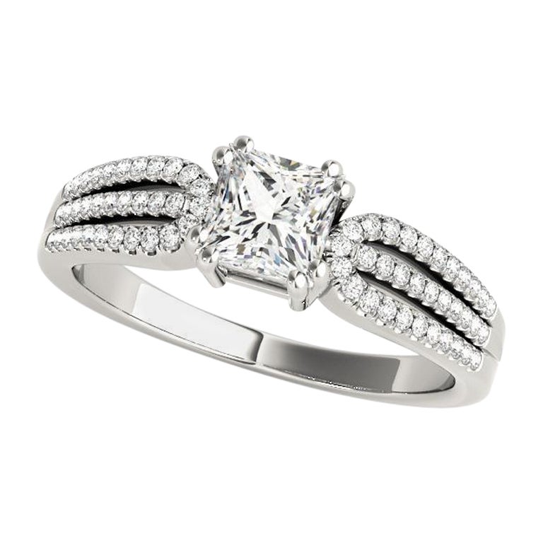 GIA 1.52ct Princess Solitaire Triple Split Shank 18K White Gold Diamond Ring en vente