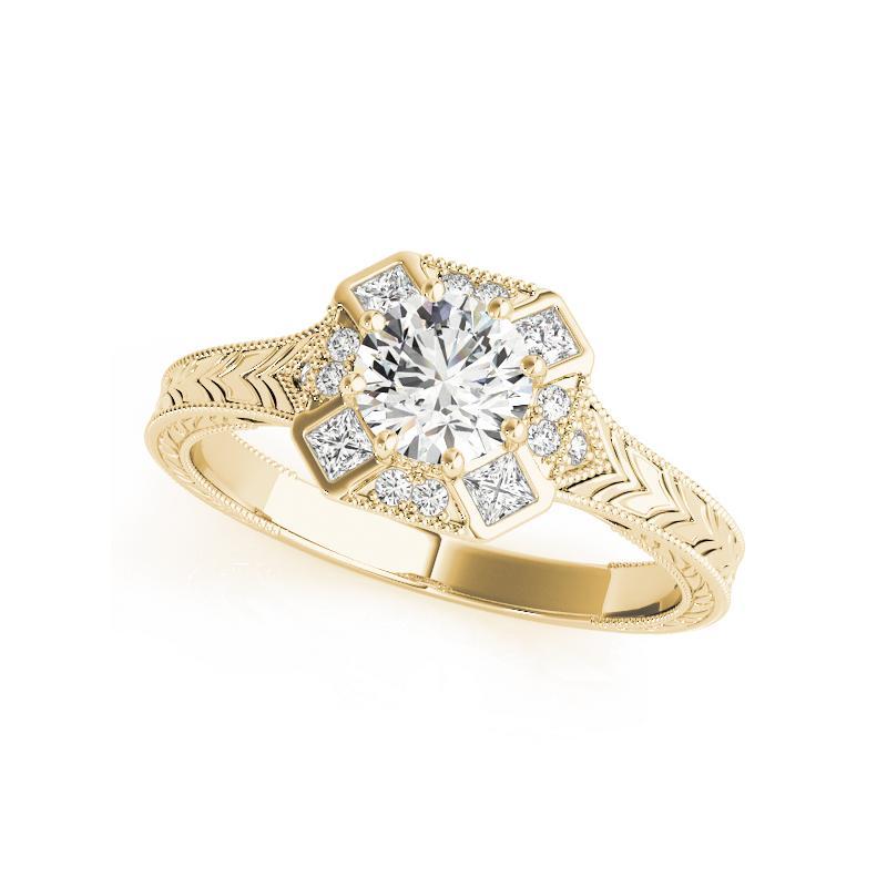 Taglio rotondo GIA 1,52 carati di diamante rotondo Art Deco con castone geometrico inciso in oro giallo in vendita